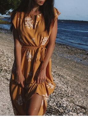 LOFT Mustard Floral Tie Waist Midi Keyhole Lightweight Sleeves Feminine Dress